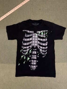 Carbon Black Short-Sleeve Tee with Gray Skeleton and Green Paint Splatters